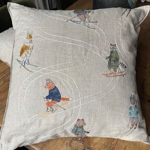 Coral and Tusk "Downhill Skiers" Embroidered Linen Pillows